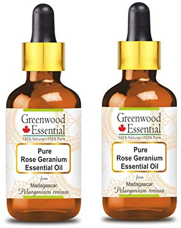 Greenwood Essential Huile essentielle naturelle de géranium rose (Pelargonium roseum) avec compte-gouttes en verre, distillée à la vapeur, 100 ml x 2 (6,76 oz)