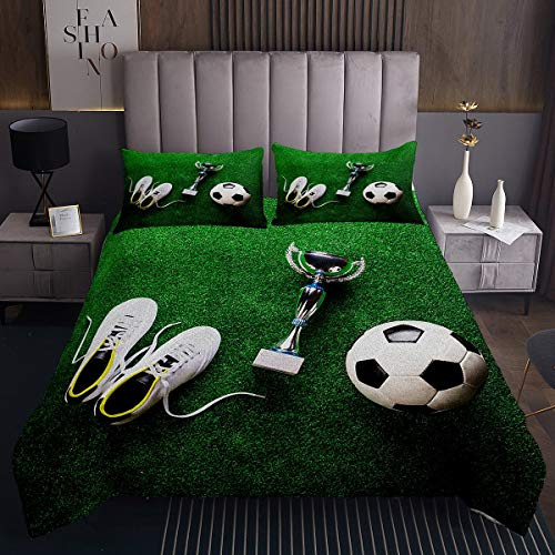 Homemissing Colcha acolchada de fútbol con patrón de pelota de fútbol para niños y niñas, juego de edredón de decoración de copa de campeón deportivo, juego de edredón de juegos competitivos con 1