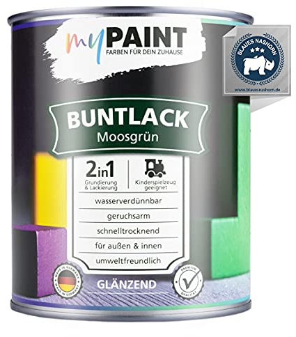myPaint 2in1 Buntlack Glänzend (750ml Moosgrün / Grün RAL 6005) – Wetterfeste Holzfarbe Holzlack & Küchenmöbellack. Getrocknet sicher für Kinderspielzeug. Für Innen & Außen