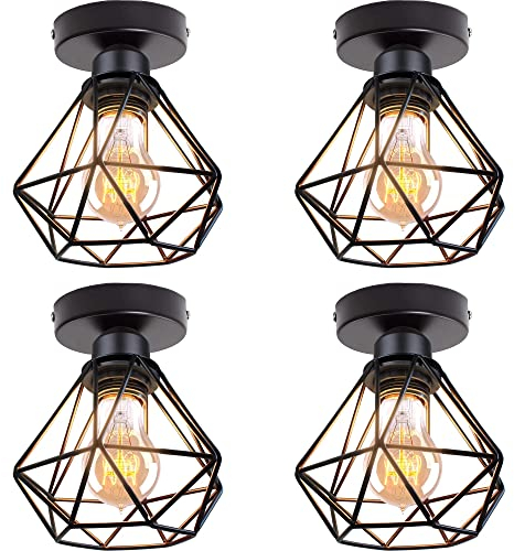 TOKIUS Deckenlampe, 16CM Vintage Deckenleuchte im Industrial Design Retro E27 Lampe aus Eisen Käfig Pendelleuchte Schwarz (4 Stücke)