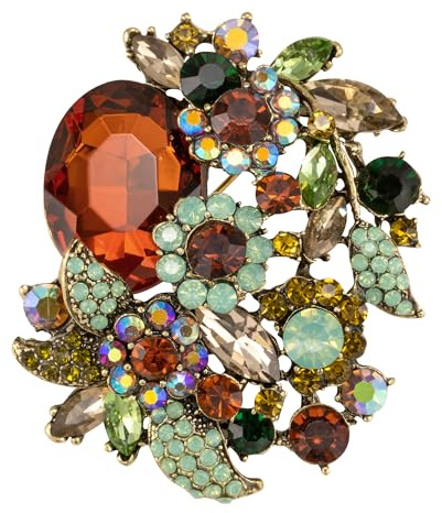 SELOVO Brown Rhinestone Glitter Flower Pendant Brooch Pin Jewelry Accessory Gold Tone