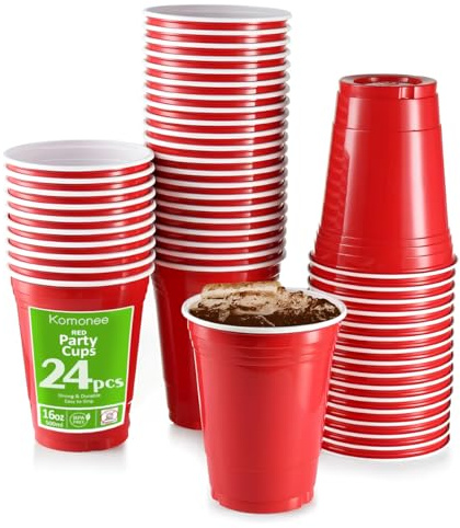 Komonee Red Cups 16oz 500ml Wide Rimmed Disposable American Superbowl Party Cups USA Adult Novelty Plastic Glass 24pc