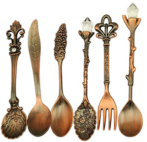 Cucchiai e forchette vintage Set di cucchiai in lega retrò con fiori di forma chic forchette decorative da tavola per la casa Cafe 6 pezzi bronzo rosso