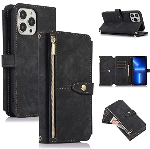 ZCDAYE Wallet Case for iPhone 13 Pro Max, Premium Leather Phone Case Women Ladies Holster with Card Slots Wrist Strap Zipper Flip Phone Cover for iPhone 13 Pro Max (6.7 inches), Black