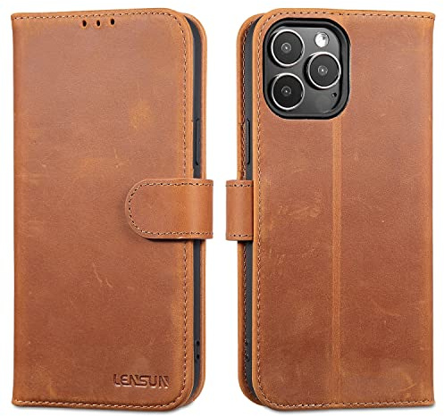 LENSUN Echtleder Handyhülle für iPhone 13 Pro Max, Vintage Braun | Echtes Leder Hülle, Magnetverschluss, RFID Fach Handytasche, Retro Lederhülle, Patina Schutzhülle