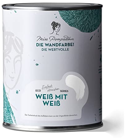 MissPompadour edelmatte Wandfarbe Weiß mit Weiß 1L - sehr hohe Deckkraft - geruchsneutrale, spritzfreie Farbe - atmungsaktive, wasserbasierte Innenfarbe/Deckenfarbe - Die Wertvolle