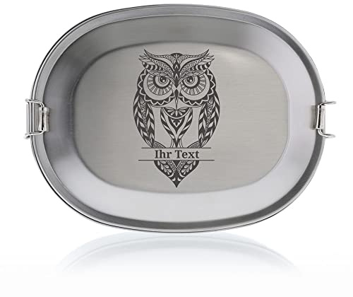gravur-fabrik.de Brotdose Eule personalisiert mit Namen, Edelstahl graviert | Lunchbox mit Wunschtext und Zentangle-Eule – Geschenk für Eulenliebhaber, Büro und Schule