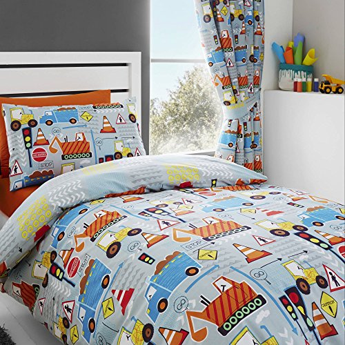 Happy Linen Company Girls Boys Kids Big Digger Trucks Grey 66 x 54 Ring Track Pole Fully Lined Blackout Pencil Pleat Curtain Set
