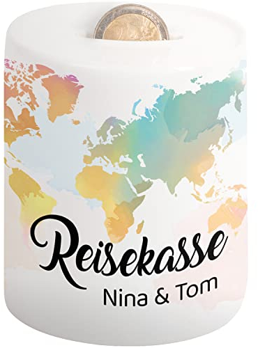 Spardose für Urlaubskasse „Reisekasse Bunte Weltkarte“ personalisiert mit Namen oder Reisezielen | Sparbüchse Sparschwein | Geldgeschenke Verpackung | Geschenk Idee für Eltern, Freunde, Kollegen