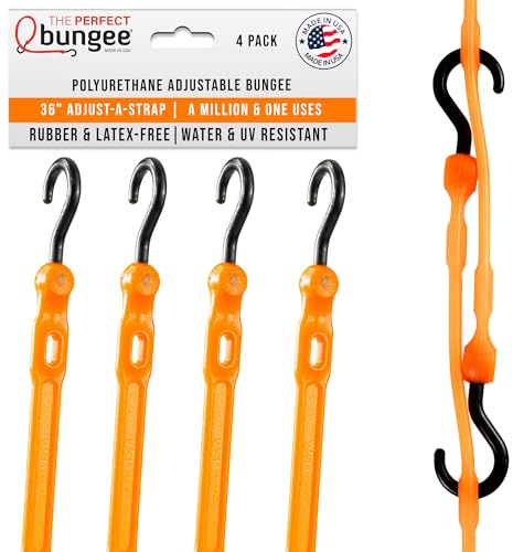 The Perfect Bungee 36” Adjust-A-Strap Rubber-Free Poly Bungee w Slotted Holes to Adjust Size, Stretches 2X Length, Non-Marring Nylon Hooks, UV Resistant, Heavy-Duty, All-Weather, Made in USA, Orange