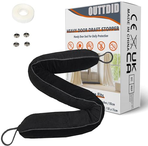 Door Draft Stopper 93cm Width, Weighted Under Door Noise Blocker, Heavy Duty Stop Dust Block Noise Draught Excluder for Bottom of Door With Hook and Loop, Door Guard Saving Energy - Black