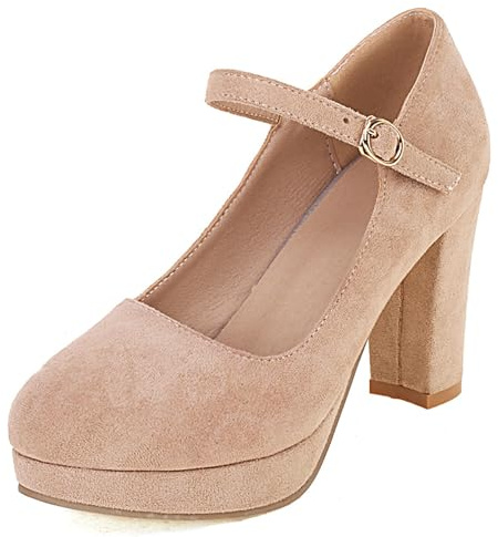 Scarpe Mary Jane da Donna con Tacco Largo, Pompe al Tallone Alto Punta Rotonda Fibbia Vestito Pumps con Plateau Eleganti Scarpe da Sera Ksecha Beige Numero 34 EU