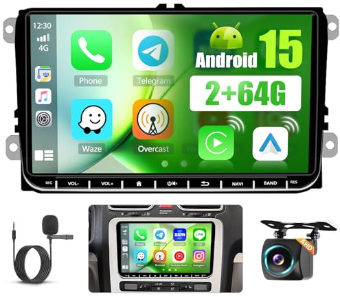 2+64G FM RDS Radio Android Autoradio Wireless Carplay für VW Skoda Golf 5 Golf 6 Polo Passat Tiguan Touran Bildschirm Android Auto, 9 Zoll Touch Screen Radio mit Bluetooth HiFi Navi SWC Rückfahrkam