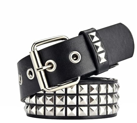 FOCAST Schwarzer Nietengürtel Punk Rock Nietengürtel Tülle Gewinde Gürtel mit heller Metallpyramide für Damen Herren, Schwarz, Fit Pant 27-32 inch
