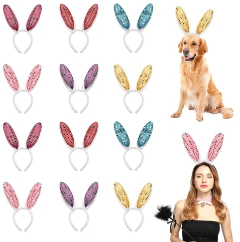 JMOCD 12 Pièces Bandeau de Pâques, Bandeau Oreilles de Lapin,serre-tête oreilles de lapin de Pâques pour Enfants Adultes Costume Cosplay Carnaval Halloween Photographie.