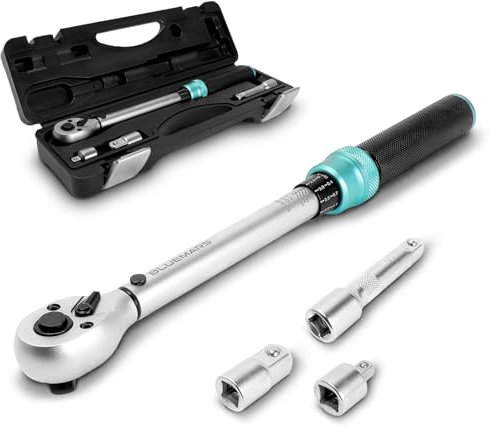 BLUEMARS Ratchet Torque Wrench 3/8 Inch Drive Click 10-60Nm/7.4-44.3FT.LB, 3/8 Inch 72-Tooth, Torque Wrench w/Extension Bar & 1/2 1/4 Drive Adapter & Case for Bicycle & Motorcycle