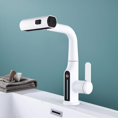 Wasserhahn Bad für Waschbecken Wasserfall Waschtischarmatur Ausziehbar Spüle Digitalanzeige Einhebelmischer Spültisch Weiß Armatur für Waschbecken Badezimmer Badarmatur Waschbeckenarmatur