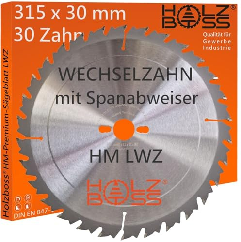 Holzboss ® HM-Sägeblatt 30 x Zahn LWZ 315 x 30 mmØ L-Wechselzahn mit Spanabweiser Rückschlagarm HW Kreissägeblatt WZ für Längschnitte Querschnitt Wippsäge Tischkreissäge Feinschnitt Holz