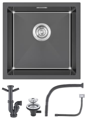 KINKIBOS 304 Évier en acier inoxydable 40 x 40 cm, lavabo en acier inoxydable noir gris, évier en acier inoxydable avec trop-plein (sans trou de robinetterie), évier de cuisine 1 bac, évier de cuisine