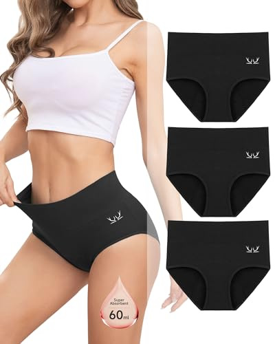 Rdiner Mutande Mestruali Donna, 60ML Grande Volume Mestruale Mutande Assorbenti, Cotone Vita Alta Slip Mestruali Donna (3 Pezzi) Nero M