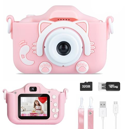 Appareil Photo Numérique Enfant 1080P - Caméra Rechargeable avec Carte SD 32G, Caméscope HD pour Filles et Garçons de 3 à 10 Ans, Idée Cadeau Anniversaire (Rose)