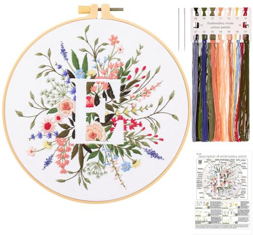 JSRQT Stickerei Starter Set Buchstabe E, Blumen Stickset Anfänger für Erwachsene, Handgefertigtes Kreuzstich Stickset mit Stickwerkzeug, einschließlich Stickrahmen Nadel und Fäden, für Heimdekoration