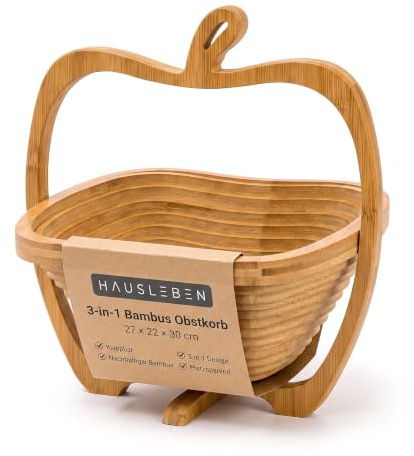 hausleben Obstkorb aus Bambus 3-in-1 Faltkorb – Faltbare Obstschale & Gemüseschale im Apfel-Design – Klappbarer Korb, Schneidebrett & Topfuntersetzer – Nachhaltig & Dekorativ, 27x22x30 cm