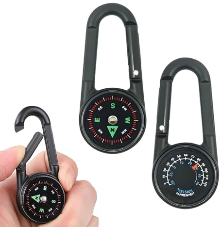 Mini Kompass mit Karabinerhaken, Zinklegierung Kompass Schlüsselanhänger mit Thermometer, Wander Equipment, Compass Outdoor, Taschenkompass Kinder, Wasserfest, für Camping, Reisen (Schwarz 1)