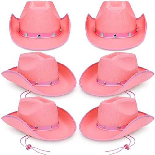 YFNVH 6er Set Pinke Cowboyhüte für Damen – JGA Cowgirl Hut Rosa mit Glitzer-Nieten – Perfektes Zubehör für Junggesellinnenabschied, Team Braut, Mottoparty & Karneval