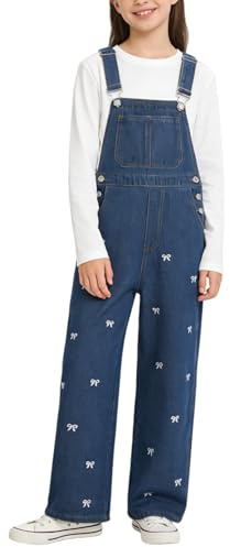 Rolanko Girls Jeans Bib Overalls, Baggy Denim Dungarees Jumpsuit for Big Kids