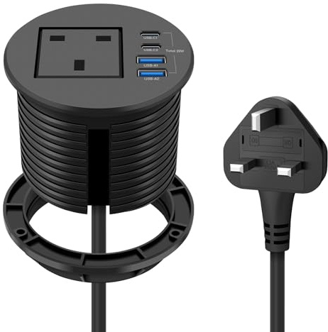 Jgstkcity Recessed Power Socket, 20W USB‑C, Flush-Mount, Black | Desk Power Grommet, 4 USB Ports, 80mm Cutout, Clutter-Free Desktop, Ideal Workspace Accessory