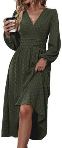 HUXRAKV Casual Wrap Dresses for Women UK Elegante Ladies V Neck Long Lantern Sleeve Ruffled Waist Maxi Party Dress,37-Green,XL