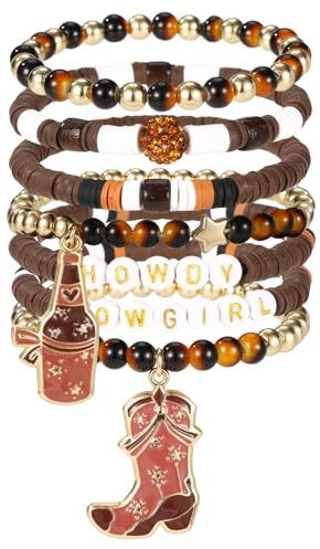Mikovivi 7stk Cowgirl Armbänder, Stilvolle Western Cowgirl Perlenarmbänder mit Stiefel und Weinflaschenanhänger Modeschmuck Accessoires für Freunde