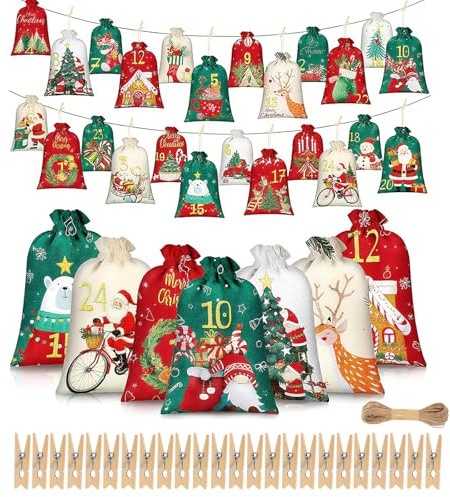 Calendrier de Avent Vide a Remplir 2026, Sac Pour Calendrier Del'avent 2 Tailles, Corde de Chanvre, Pinces, Calendrier de Noël à Remplir, DIY Calendrier de L'avent tissu, Pour Enfant avec, 1-24 Numero
