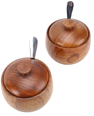 Natudeco 2pcs Pot à sel en bois, bol à sel multifonctionnel, ensemble de boîtes de cuisine, cave à condiments avec couvercle, cuillère pour assaisonnement au sucre