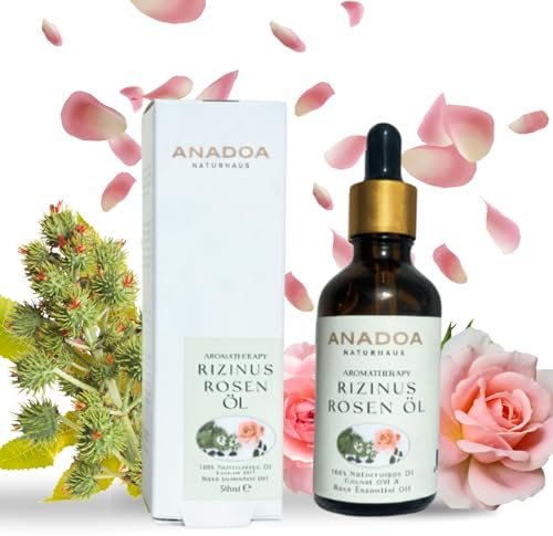 Anadoa Rizinus- & Rosenöl Mischung 50 ml | 100% Reines Pflegeöl für Haar, Wimpern & Haut – Natürliches Haarwachstum & Feuchtigkeitspflege – Vegan & Ohne Zusätze