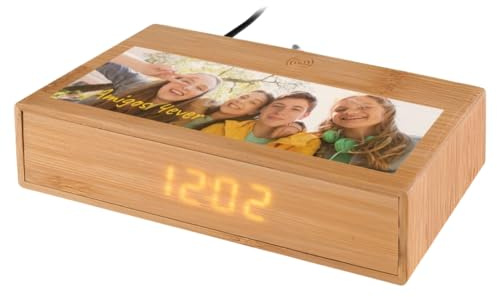 DEREGALOOS Reloj Despertador de Bambú con Carga Inalámbrica. Reloj Multifunción con Hora Fecha Temperatura y 3 Alarmas. Despertador de Mesa Personalizable con Imagen o Texto para Oficina o Mesilla