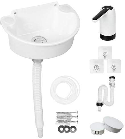 Ausgussbecken Kunststoff, Mini Waschbecken, Outdoor Handwaschbecken mit Schlauch, Elektro-Abwasserpumpen & Entwässerungszubehör, Halbkreis Gebogen Spülbecken für Garten Garage Keller Wohnmobil (Weiß)