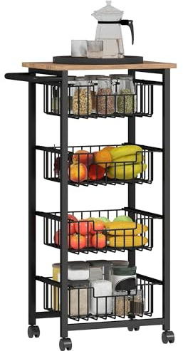 HOMCOM Carrito de Cocina con Ruedas 4 Cestas 49,5x31x91 cm Roble