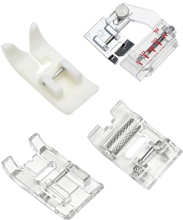 TISCH Set 4 Piedini Universali per Macchina da Cucire a Gambo Basso, Adatto per Singer,. Include Piedino a Rotella, Bordatura e per Pelle. Accessori per Cucito Semplice e Preciso.