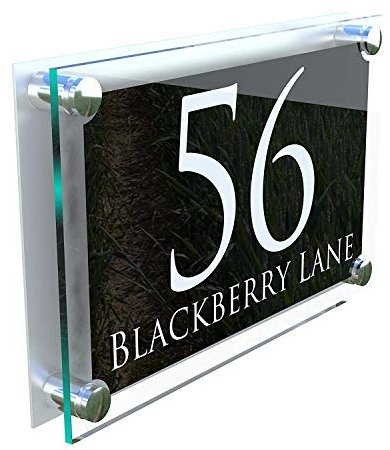 MODERN HOUSE SIGN PLAQUE DOOR NUMBER STREET GLASS EFFECT ACRYLIC ALUMINIUM NAME