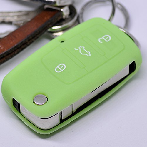Auto Schlüssel Hülle Silikon Schutz Cover für VW Seat Skoda 3 Tasten bis 11/2009 / Farbe: Fluoreszierend Grün (leuchtet im Dunkeln!)