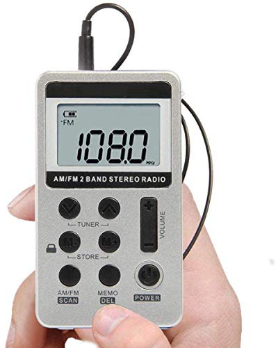 Radio Portatil Pequeña ZEERKEER,Mini sintonización Digital portátil Radio estéreo Am FM,Mini Radio de Bolsillo con Pantalla LCD de batería Recargable y Auriculares,para Correr, Viajar.（Plata）