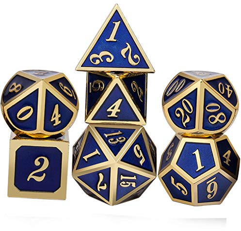 Yourandoll 7 Stücke Zinklegierung Metall Polyeder Würfel D20 D12 D10 D8 D6 D4 für Dungeons und Dragons DND RPG MTG Tischspiele 16mm (Blau Gold 1)