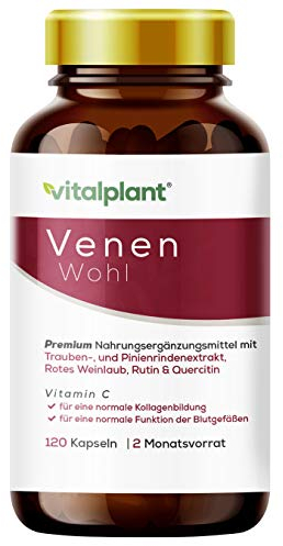 Vitalplant® Venen Kapseln - mit Rotem Weinlaub, Rutin, Quercitin, Traubenkernextrakt & nat. Vitamin C 600mg hochdosierter Venen komplex- 120 Kapseln vegan