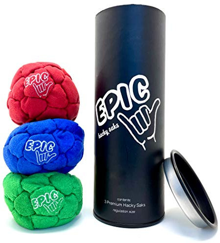 Epic Hacky Sack Balls, 3 fotväskor presentset med förvaringsrör