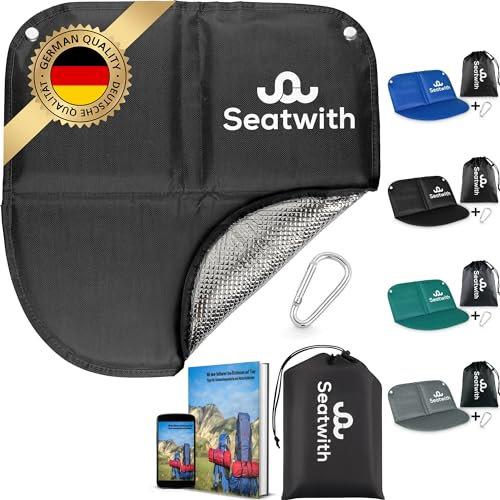 Seatwith Faltbares Iso-Sitzkissen (40x40cm) mit Wärme isolierender ALU Unterseite + Tragetasche & Karabinerhaken für ideale Befestigung am Rucksack maximaler Schutz vor Kälte Nässe Schmutz