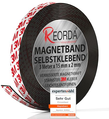 Reorda® Magnetband selbstklebend | Stärkster Halt dank 3M-Kleber | Magnetband mit optimierter Magnetkraft durch Anisotropic Material | Anwendbar in Küche, Schule & Büro