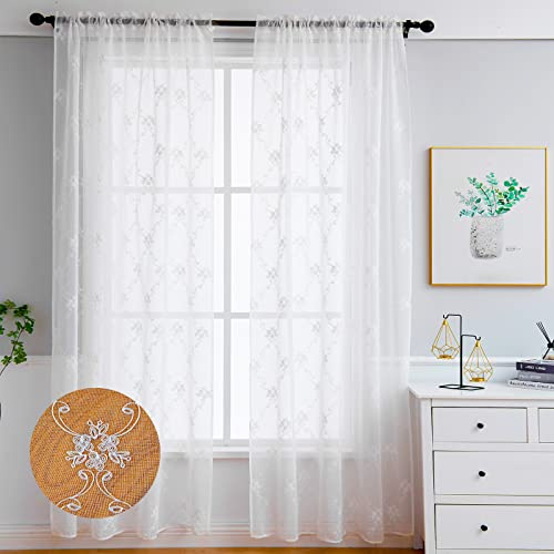LIVETTY Original Net Curtains 84 Inch Drop 2 Panels Set Windows White Eyelet, Transparent Linen Style Voile 3D Floral Classic Embroidery for Bedroom, Living Room, Kitchen