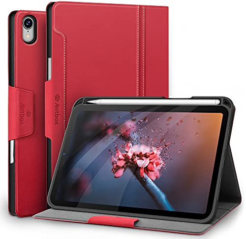 Antbox Hülle für iPad mini (A17 Pro) 7./6. Generation 8,3 Zoll Rot | PU Leder, Integrierter Stifthalter, Multi-Winkel-Ständer, Auto Schlaf/Wach Funktion